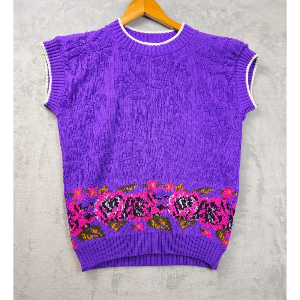 Vintage Alicia Cable Knit Sweater Women Large Purple Crew Neck Cap Sleeve Floral